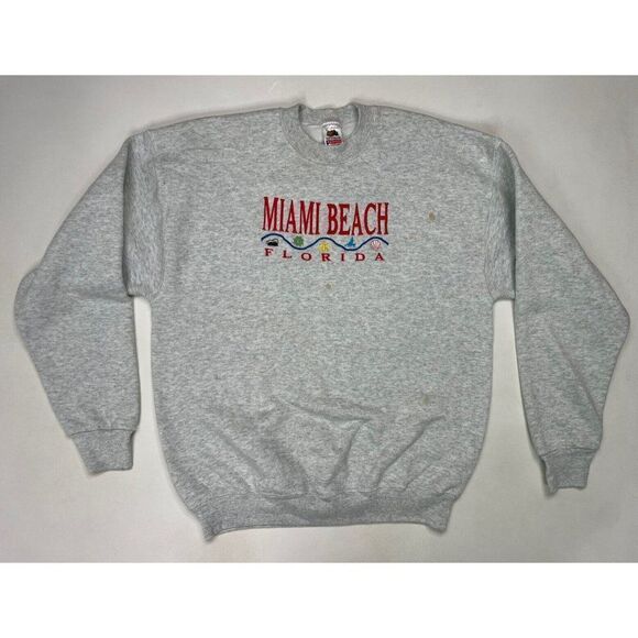 VINTAGE Miami Beach Florida Embroidered Crewneck Sweatshirt Men Large USA 90s - Picture 1 of 8